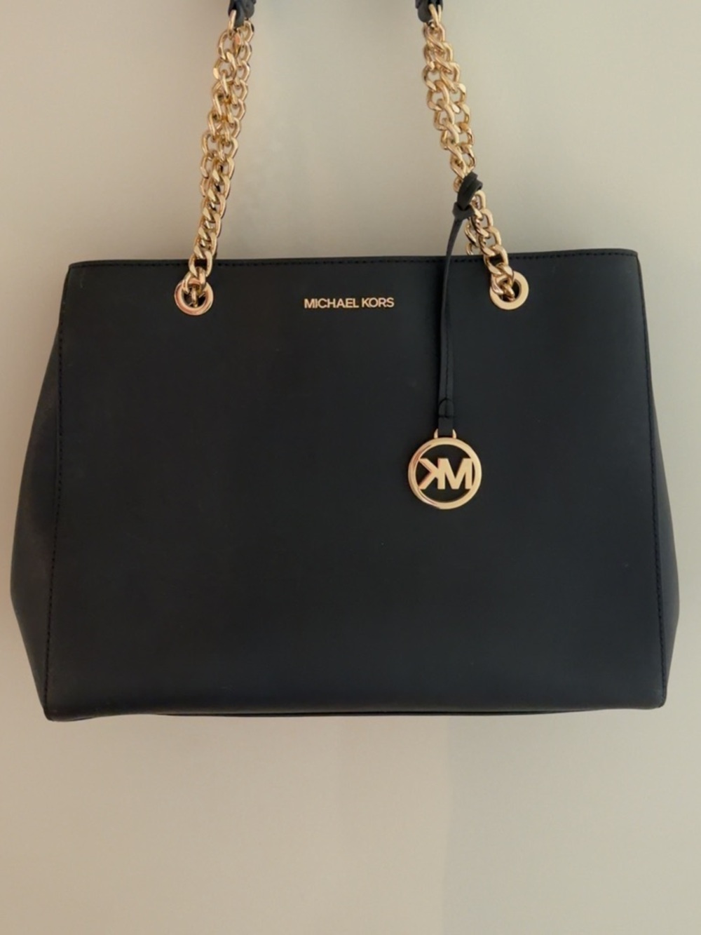 Michael Kors Black Leather Tote with Gold Chain Detail